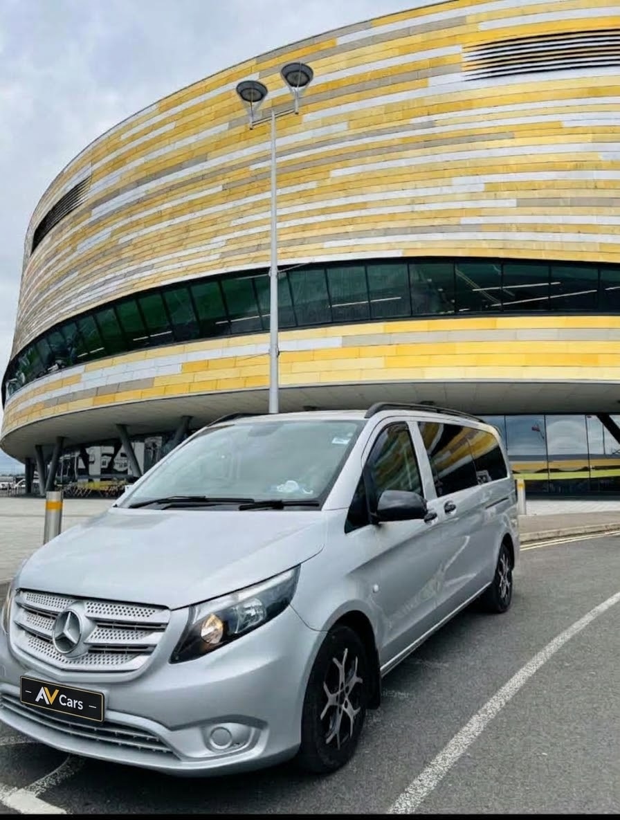 AV Cars silver Mercedes-Benz Vito executive people carrier outside Derby Arena