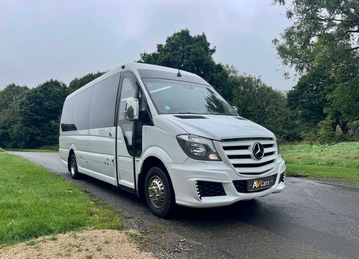 AV Cars white Mercedes-Benz Sprinter 16 seater coach